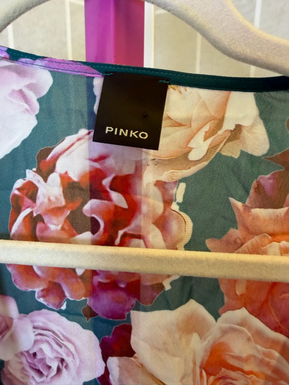 NWT Pinko Teal Floral Wrap Blouse with Pink & Peach Roses - Picture 3 of 9